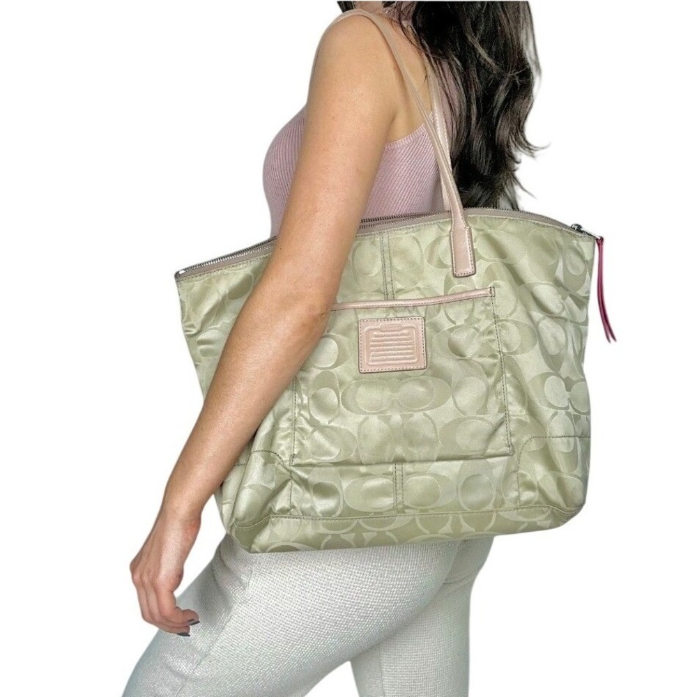 Coach Large Signature Tote in Light Olive with Pink Trim
